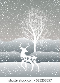 Snow winter landscape with deers and  tree