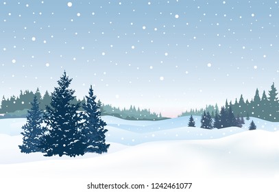 Snow winter landscape. Merry Christmas background. Winter nature holiday greeting card design.  Christmas snowfall skyline.