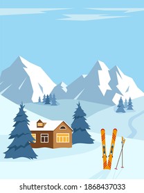 Snow winter landscape with ski. Snow mountains, trees and small house. Ski resort concept. Vector illustration.