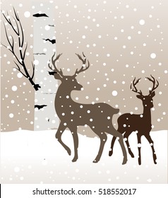 Snow winter landscape with two deers and birch tree