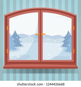 Snow winter outdoor view in wooden window, winter landscape with spruce trees through window, countryside home or cottage in nature, vector illustration