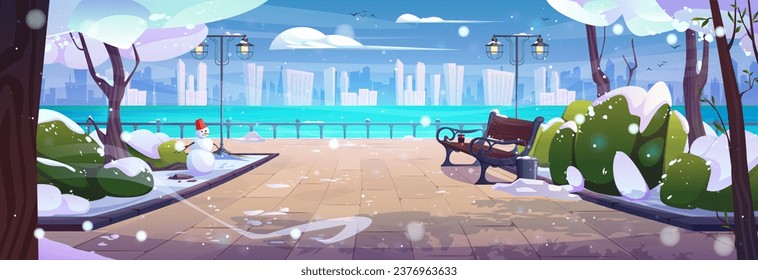 Snow winter park with embankment and sea view. Snowy street and bench in forest scene landscape cartoon illustration. Cold wintertime season Christmas day cityscape with road in public garden.