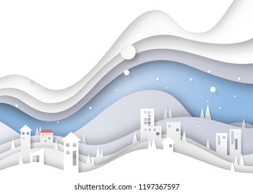 Snow and winter season abstract background with urban landscape for merry Christmas and happy new year paper art style.Vector illustration.
