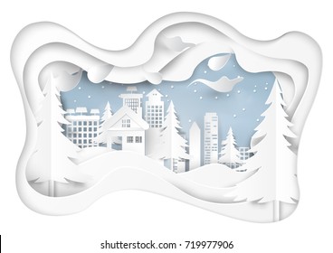 Snow and winter season abstract background with urban landscape for merry Christmas and happy new year paper art style.Vector illustration.