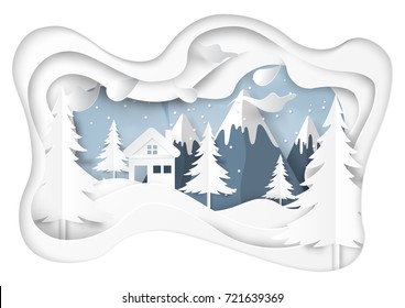 Snow and winter season abstract background with mountains and nature landscape for merry Christmas and happy new year paper art style.Vector illustration.