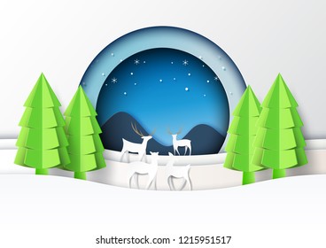 Snow and winter season with deers family and christmas tree for merry christmas and happy new year paper art style.Vector illustration.