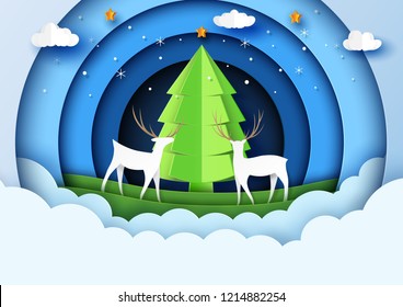 Snow and winter season with deers wildlife and christmas tree for merry christmas and happy new year paper art style.Vector illustration.