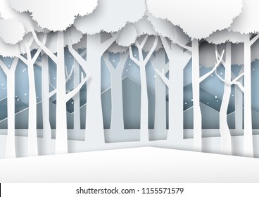 Snow and winter season forest silhouette background paper art style for merry christmas and happy new year.Vector illustration.