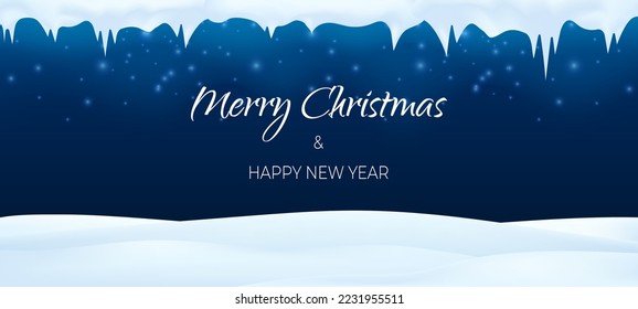 Snow in winter season, shiny glitter falling. Merry Christmas and happy new year background banner. Vector illustration in 3d realistic style. Night blue sky with snowflakes, snowy scene with icicles.