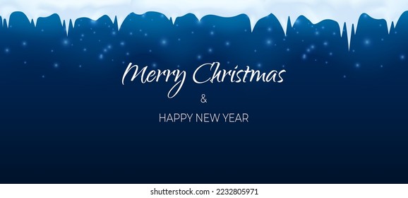 Snow in winter season, shiny glitter falling. Merry Christmas and happy new year background banner. Vector illustration in 3d realistic style. Night blue sky with snowflakes, snowy scene with icicles.