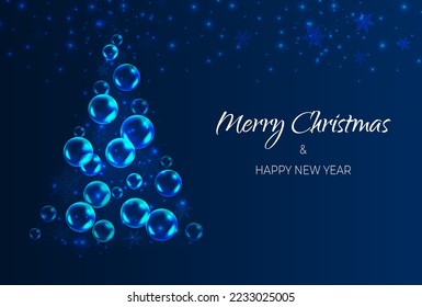 Snow in winter season, shiny glitter falling. Merry Christmas and happy new year background banner. Vector  magic illustration balls fizz in tree shape. Night blue sky with snowflakes, bubbles glow.