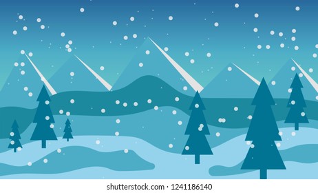 Snow winter sky background with hills, mountains, trees and snowfall. Vector illustration.