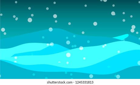 Snow winter sky background with hills and snowfall. Vector illustration.