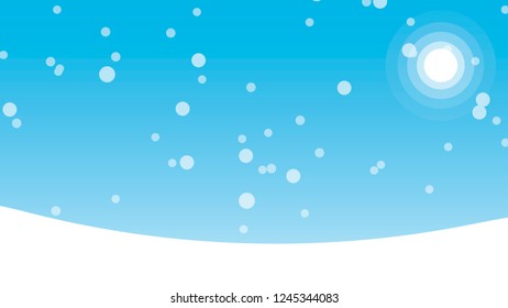 Snow winter sky background with hills, snowfall and sun. Vector illustration.