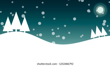 Snow winter sky background with hills, new year trees and moon. Vector illustration.