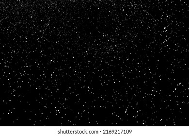 Snow winter snowfall with white falling snowflake on black background. Cold frost frozen ice weather season with scattered particle dot pattern. Abstract snowy nature texture design vector illustration 