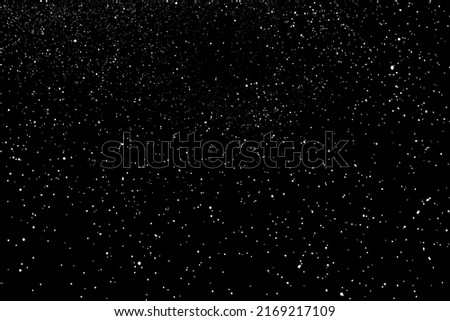 Snow winter snowfall with white falling snowflake on black background. Cold frost frozen ice weather season with scattered particle dot pattern. Abstract snowy nature texture design vector illustration 