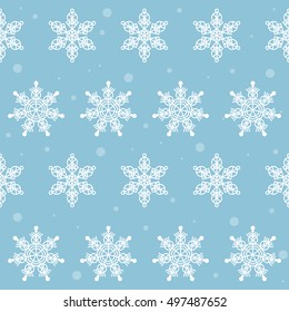Snow. Winter snowflake seamless pattern background. White snow isolated on soft blue cover for use in design for winter holiday card, invitation, banner, album, etc.