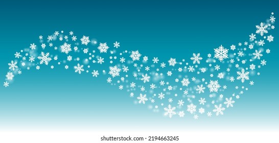 Ilustración vectorial de invierno de nieve. Los copos de nieve de cristal son blancos, aislados en azul turquesa. Forma de nieve eólica. Ilustración vectorial de copos de nieve polar. Patrón blanco azul. 