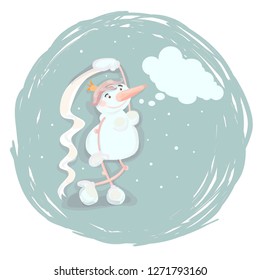 Snow woman in a crown dances, holds a ribbon in her hand, a winter character says. Vector graphics