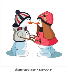 ?artoon snow woman and snowman. Christmas illustration of a couple in love cute snowmen and snow-woman. Isolated on white background.