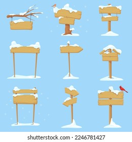 Snow wooden signs. Winter wood signboard, cartoon snowy signpost board arrow frozen covered timber table or cold banner, ice panel sign direction vector illustration of winter snow blank signboard