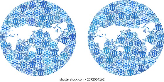 Snow world map mosaic created with sphere and cut out shape. Vector world map mosaic of snow particles in variable sizes and blue color tinges. Created for winter promotion.