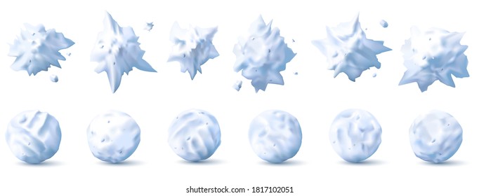 Snowball 3d. Snow splats, splashes and round white snowballs collection for kids winter fights realistic vector set. Christmas, new year holiday for children game, isolated objects