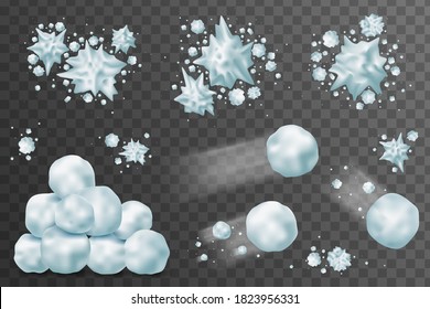 Snowball 3d. Snow splats, splashes and round white snowballs collection. Winter fun, playing with snow, children's games, throw a snowball.