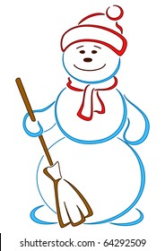 Snowball in a cap with a broom with smiling face, openwork picture, isolated