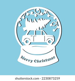 Snowball. The car is carrying a Christmas tree. Merry Christmas design. Silhouette. For laser cutting and plotter.