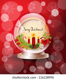 Snowball with christmas decoration on the red background