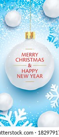 Snowball with Christmas tree ball shape, hanging on a blue winter background. Christmas greeting card with snowballs and snowflakes. Xmas flyer vector design, with winter seasonal details.
