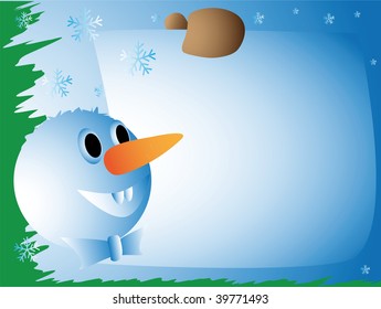Snowball with a congratulatory card on a blue background with snowflakes