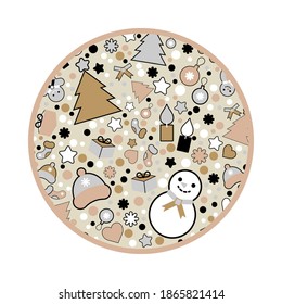 Snowball. The decoration of the Christmas toys. Winter holiday. Gold, silver and black colors. Vector illustration for web design or print.