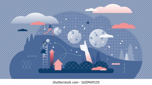 Snowball effect financial growth concept metaphor, flat tiny persons vector illustration.Abstract graph scene with lines and arrows.Cash income progress and compound principle.Business earnings stats.