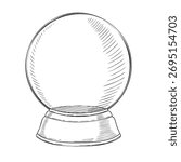 Snowball with an empty glass globe vector engraving. Outline illustration of winter Crystal for vintage Christmas greeting cards or New Year invitations. Etching of Xmas transparent sphere.