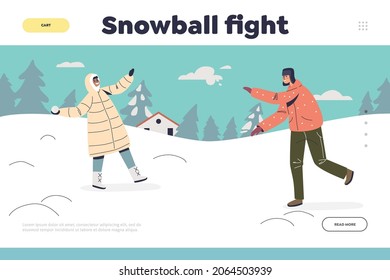 Snowball fight concept of landing page with happy kids playing throwing snow balls. Children enjoy winter, funny outdoor activities and weather on wintertime holidays. Cartoon flat vector illustration