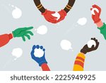 Snowball fight. Human hands in colorful gloves throw snowballs. Winter fun. Elements for seasonal design. Vector illustration in cartoon style