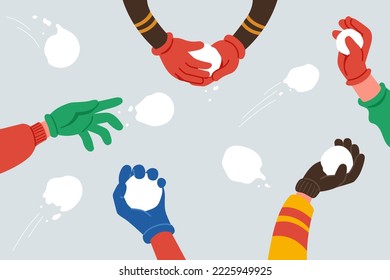 Pelea de bola de nieve. Las manos humanas con guantes coloridos arrojan bolas de nieve. Diversión al invierno. Elementos para el diseño estacional. Ilustración vectorial en estilo de caricatura