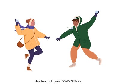 Snowball fight. Young people boy and girl playing snowballs fight. Female and male characters having fun with snow, winter games. Winter leisure outdoors activity cartoon flat vector illustration.