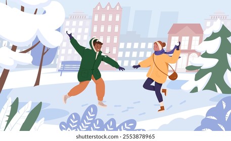 Snowball fight. Young people boy and girl playing snowballs fight. Female and male characters having fun with snow, winter games. Winter leisure outdoors activity cartoon flat vector illustration.