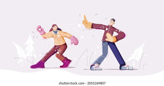 Snowball fight. Youth are playing in snow. New year and Christmas snowy winter landscape with children and fir tree. Modern flat vector illustration for poster, banner, card, postcard, event icon 
