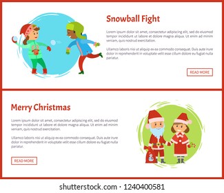 Snowball fights and merry Christmas characters Snow Maiden and Santa Claus. Holidays, children playing snow balls vector. Boy and girl, winter activity