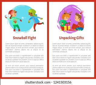 Snowball fights and unpacking gifts postcards. Christmas holidays, children opening presents. Boy and girl playing with snow outdoors vector posters