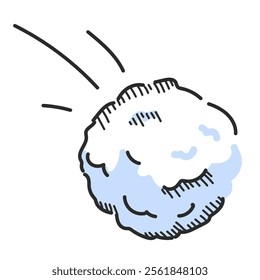 Snowball flying through the air doodle vector isolated. Hand-drawn icon of a snowball. Winter games.