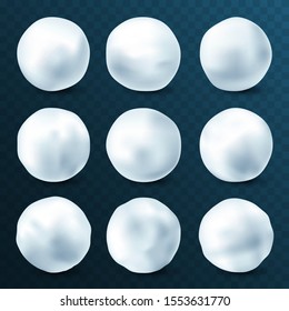 Snowball isolated on white background. Snowballs collection. Frozen ice ball. Winter decoration for Christmas or New Year. Vector snow.