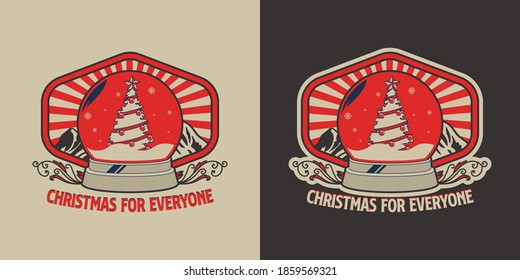 Bola de nieve con árbol de pino y estrella 
 sobre fondo de montaña Diseño estético vintage de la insignia navideña Ilustración Vector aislado