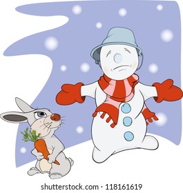 Snowball, rabbit and a carrot. Cartoon