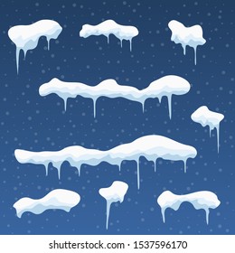 Snowball and snowdrift, icicles and snowcap borders. Vector set of isolated snow winter elements. Illustration of snowball effect, frost snowcap.